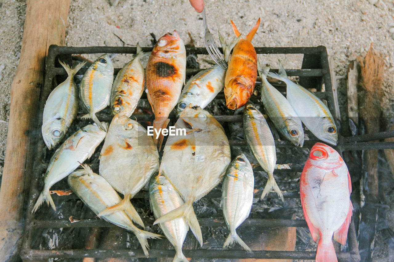 HIGH ANGLE VIEW OF FISH IN BARBECUE GRILL