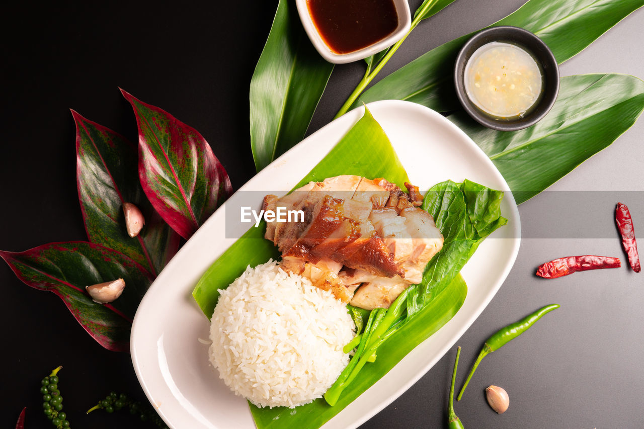 Directly above shot of food served on table