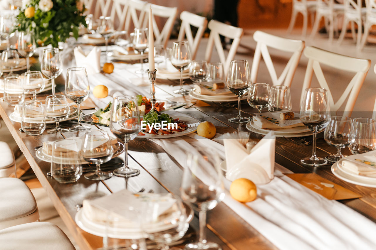 High angle view of food served on table