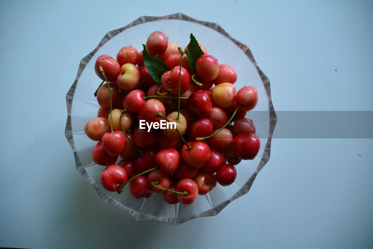 Close-up high angle view of cherries in bowl