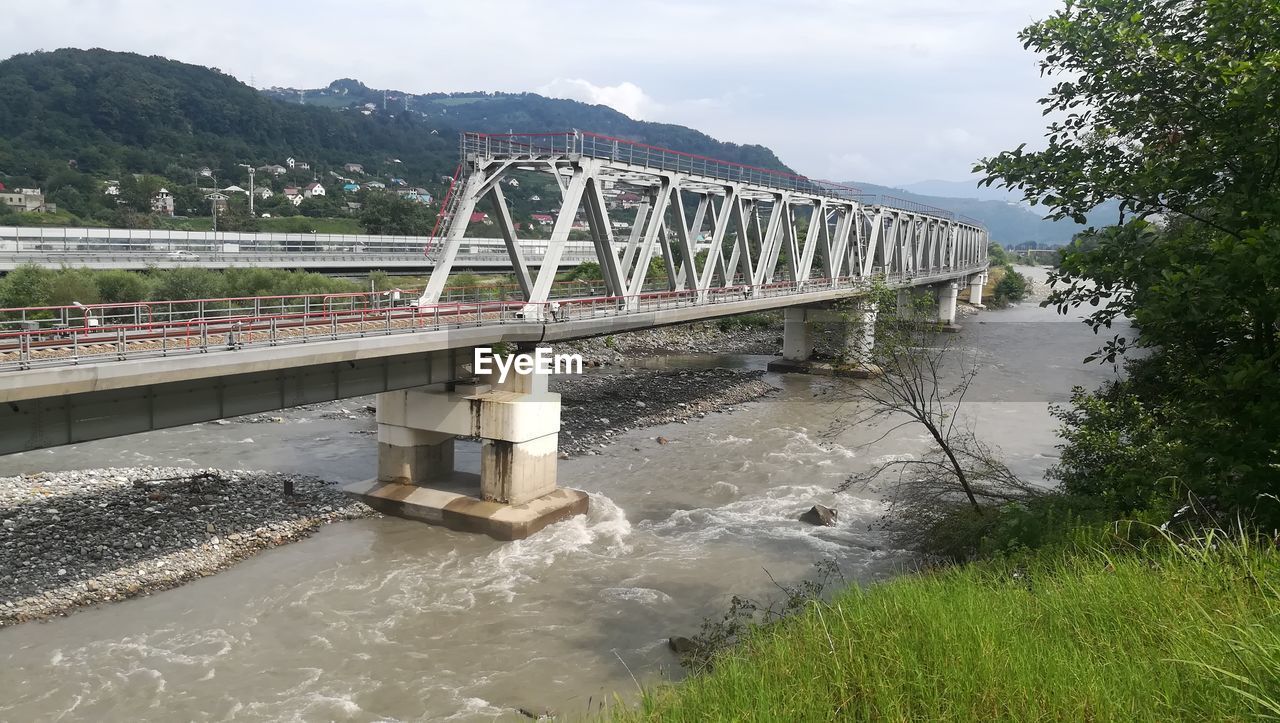 BRIDGE OVER RIVER BY PLANTS AGAINST SKY