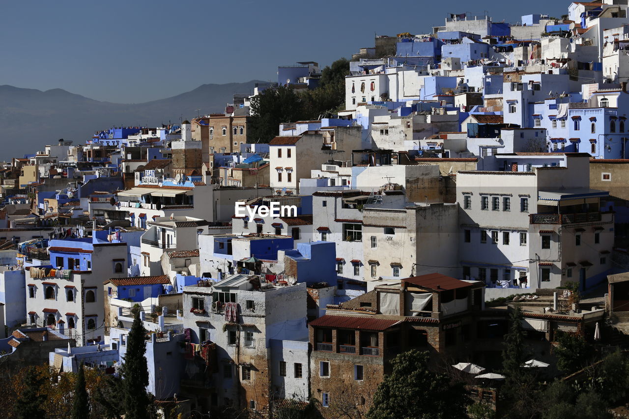 High angle view of townscape against sky, chefchaouen morocco 