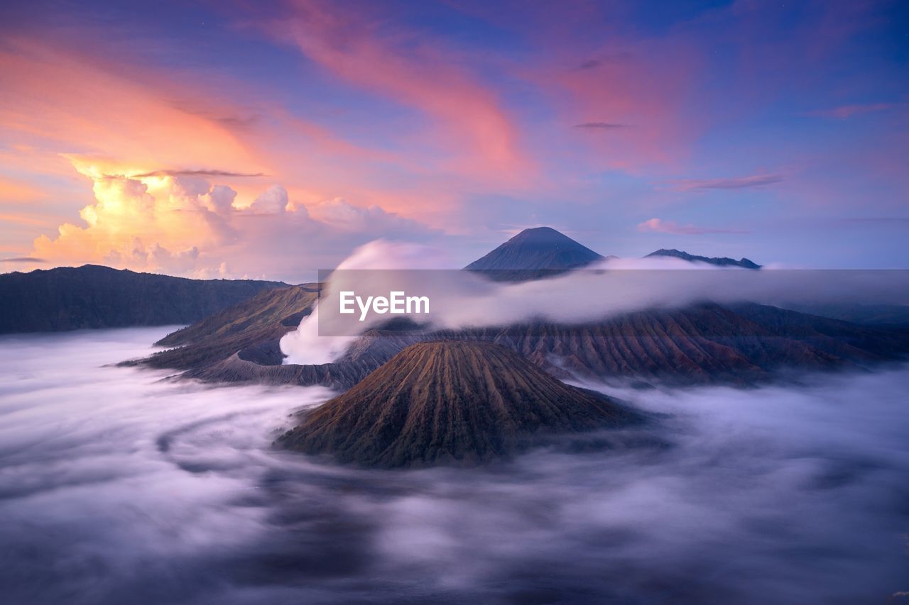 Beautiful view of mt. bromo volcanic landscape against sky during sunrise