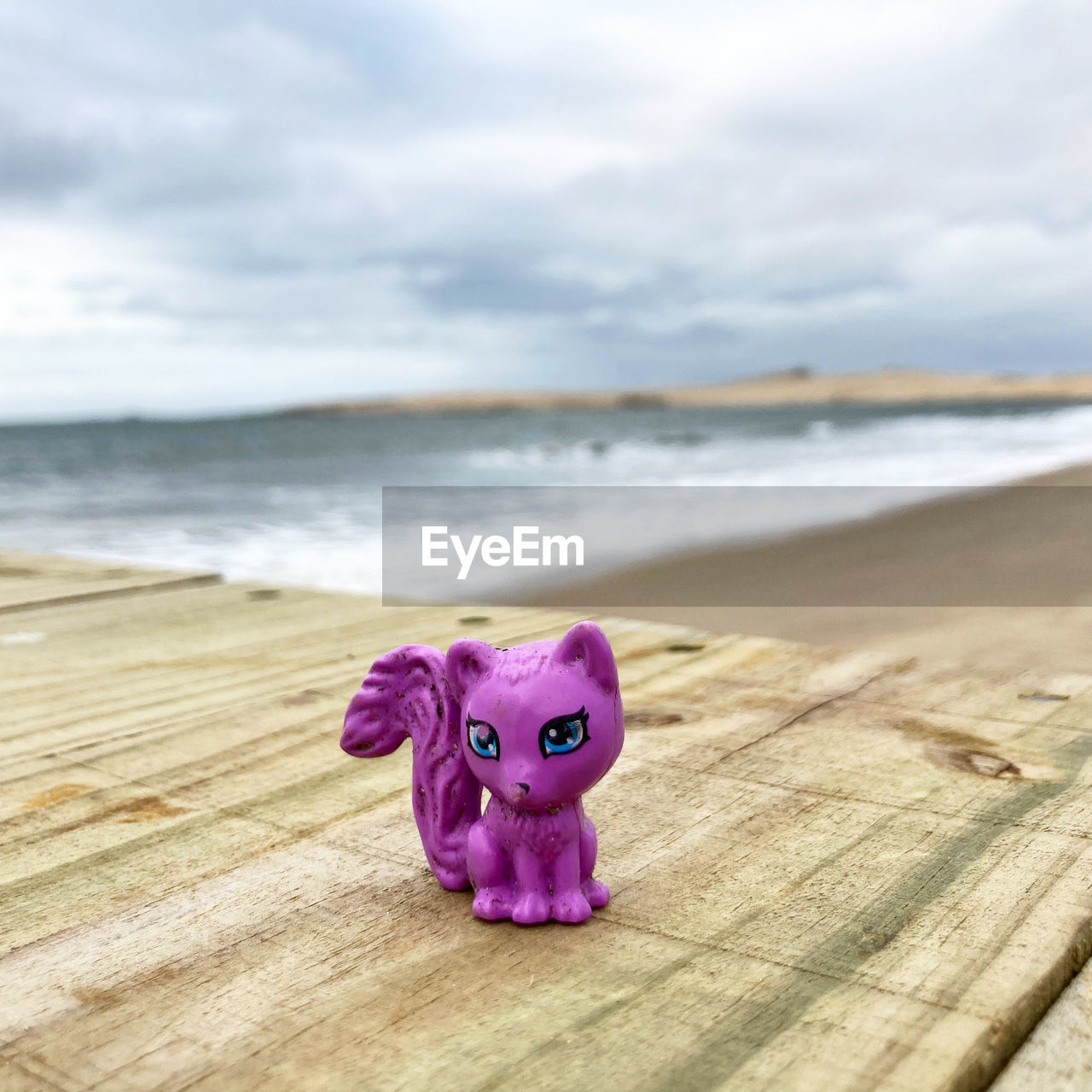 pink, land, sea, beach, water, sky, cloud, nature, wood, toy, no people, animal representation, animal, representation, day, sand, beauty in nature, purple, focus on foreground, outdoors, animal themes, horizon over water, close-up, mammal, blue