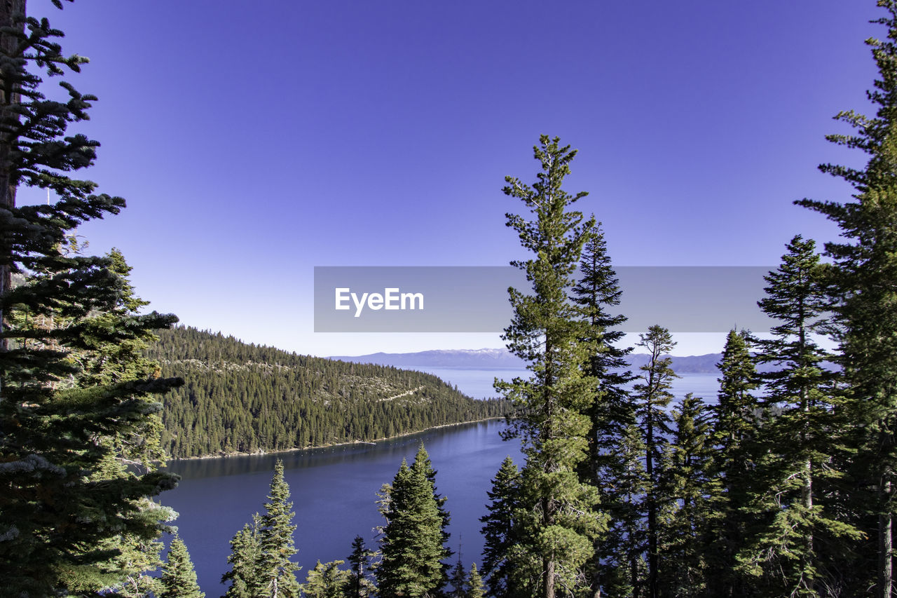 Scenic view of lake against clear blue sky