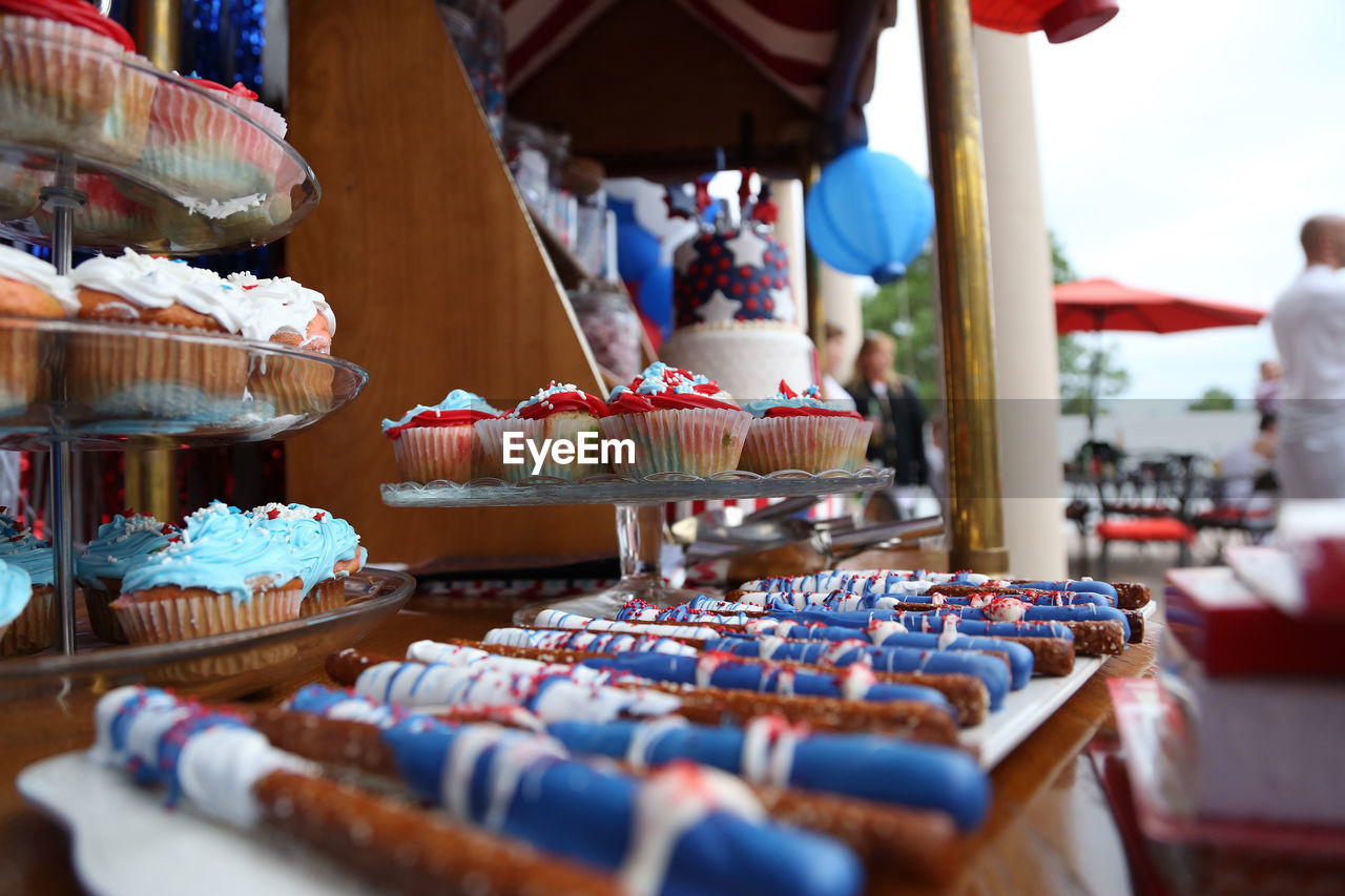 Close-up of cupcakes at market stall