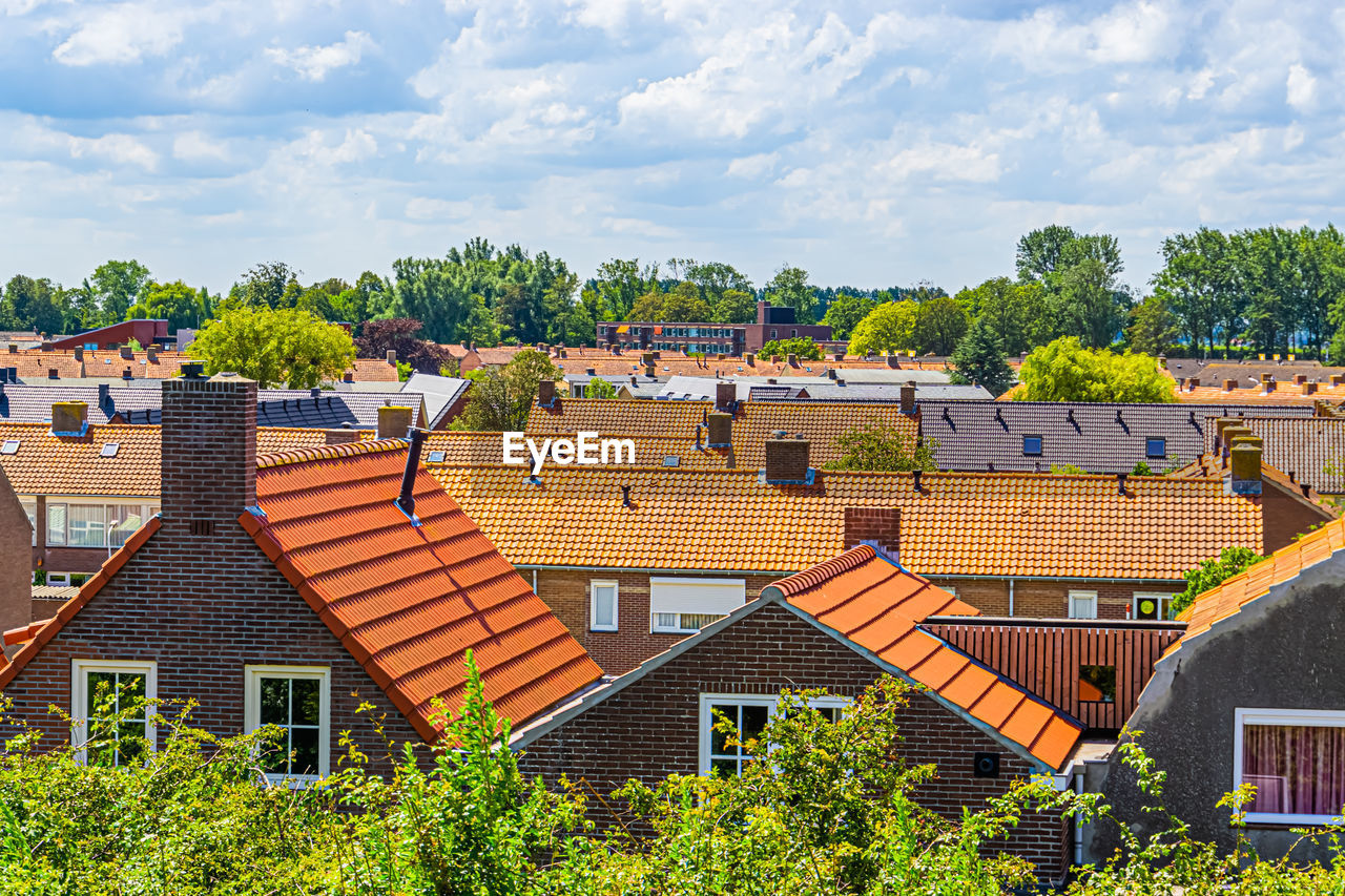 HIGH ANGLE VIEW OF TOWNSCAPE AND TREES IN TOWN