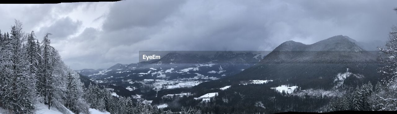 PANORAMIC VIEW OF TREES ON SNOWCAPPED MOUNTAINS AGAINST SKY