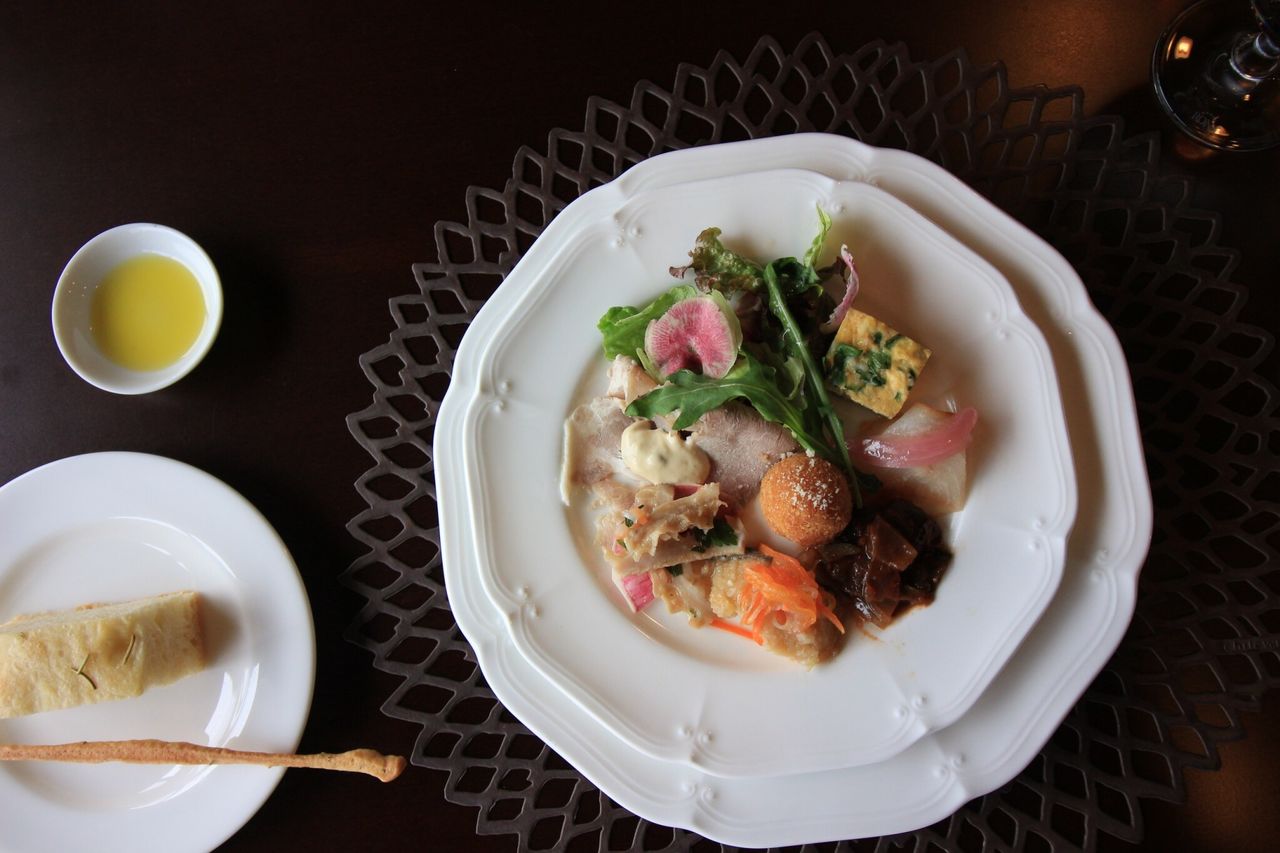 High angle view of salad in bowl on table