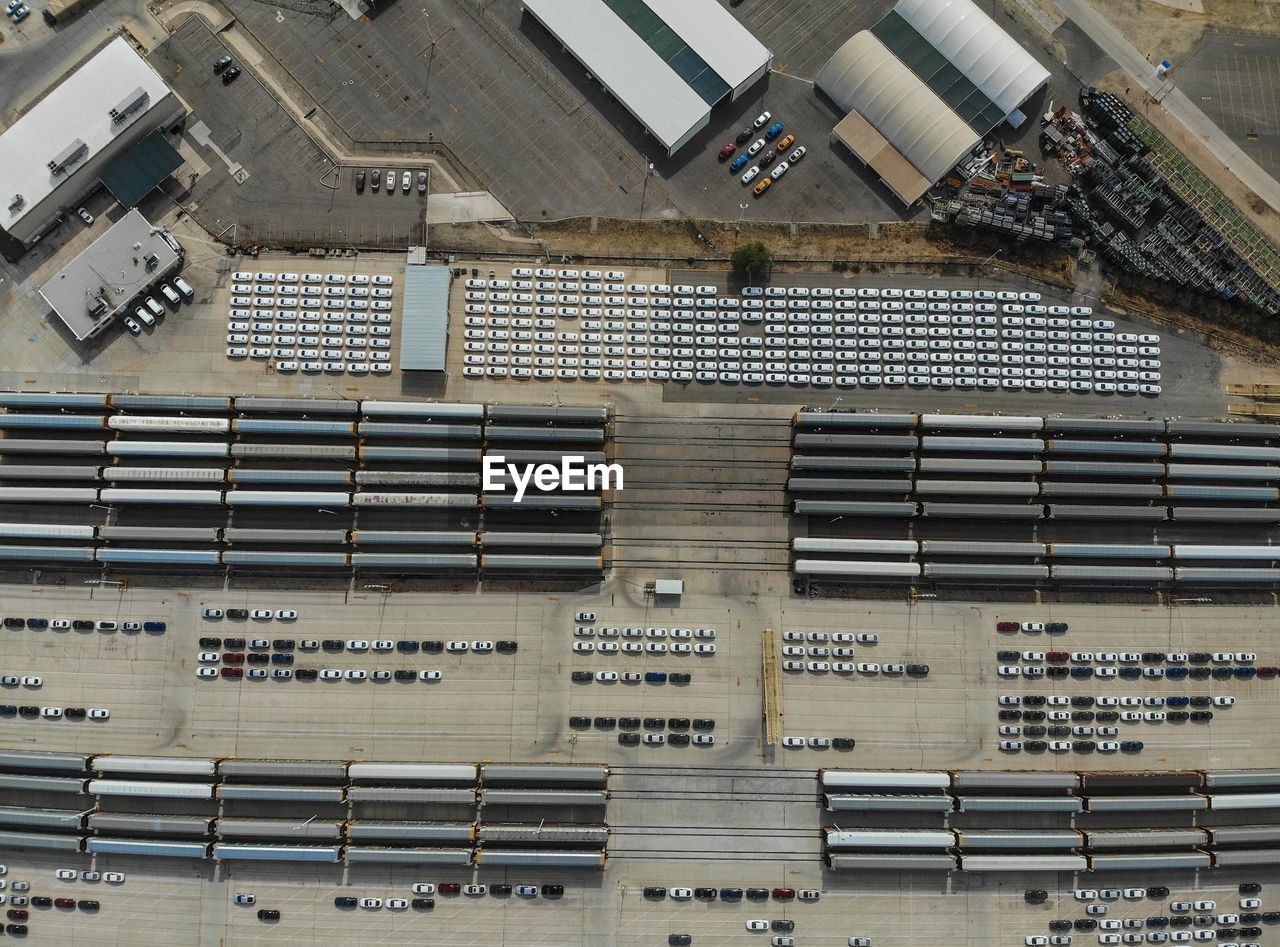 Aerial view of vehicles in factory