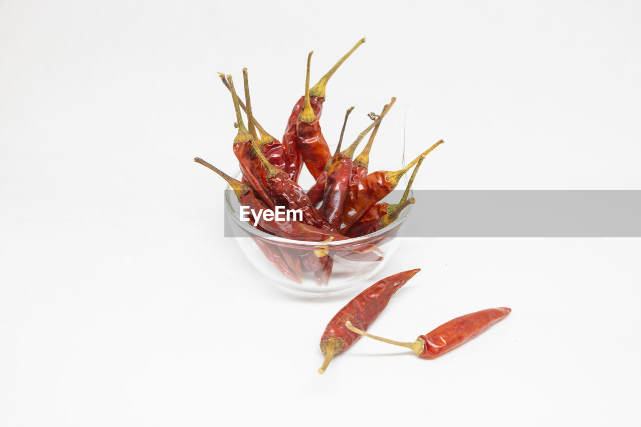 Close-up of red chili pepper against white background