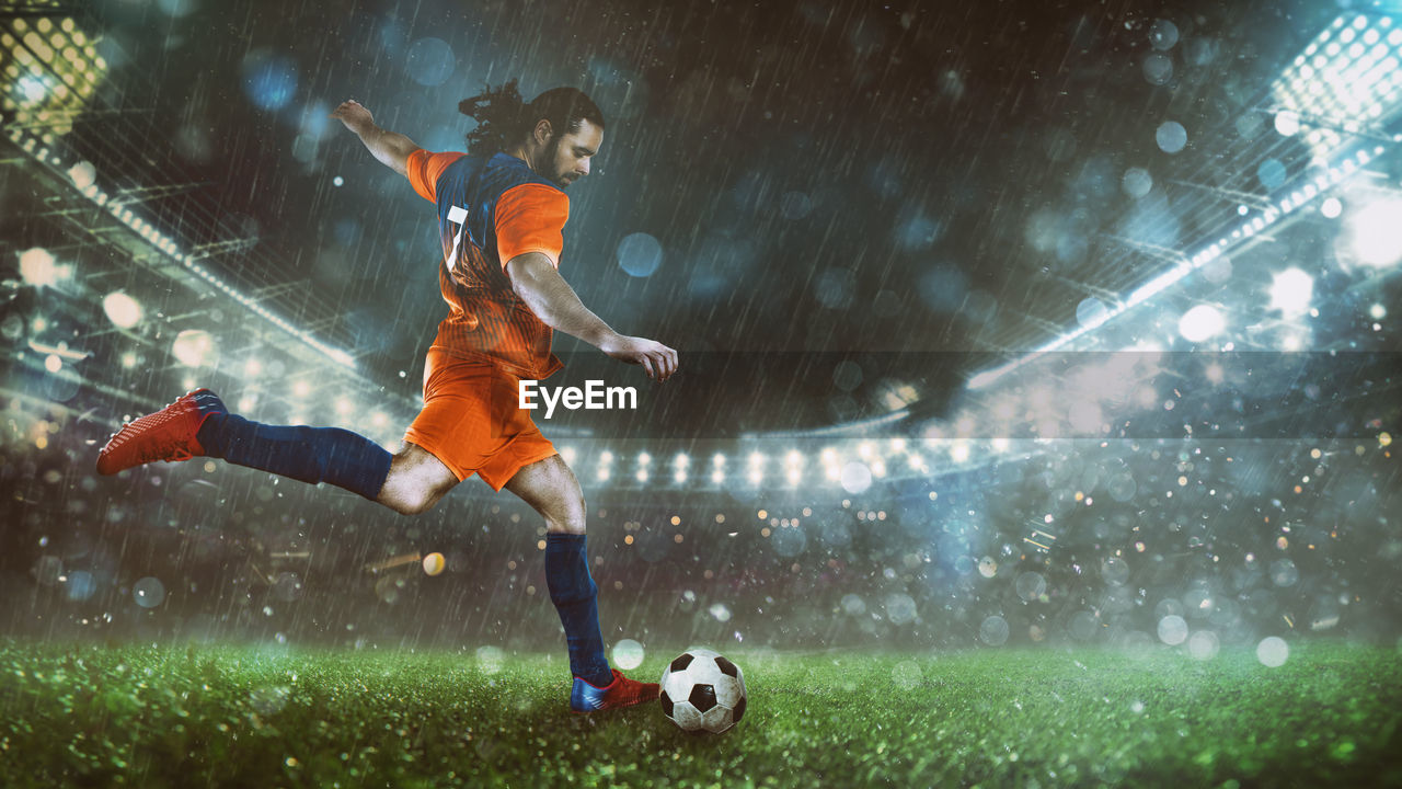 sports, team sport, soccer, soccer ball, athlete, ball, motion, soccer player, sports equipment, grass, football player, kicking, soccer field, activity, competition, sports clothing, soccer uniform, competitive sport, stadium, nature, player, soccer kick, sports uniform, football, screenshot, adult, clothing, night, plant, outdoors, vitality