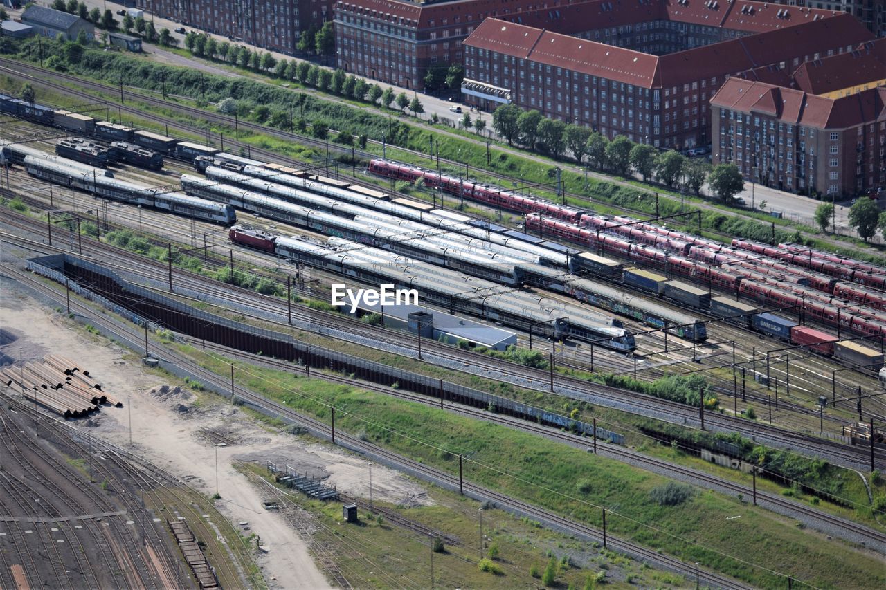 High angle view of trains in city