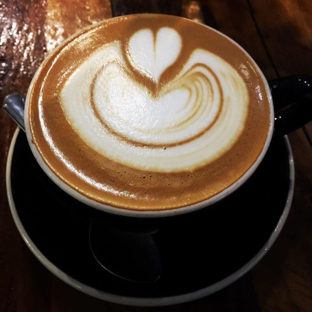 High angle view of cappuccino on wooden table