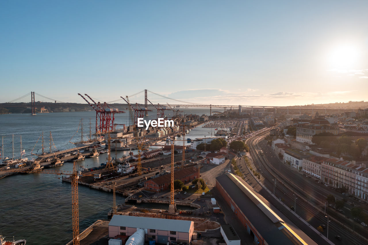 high angle view of cityscape against clear sky during sunset