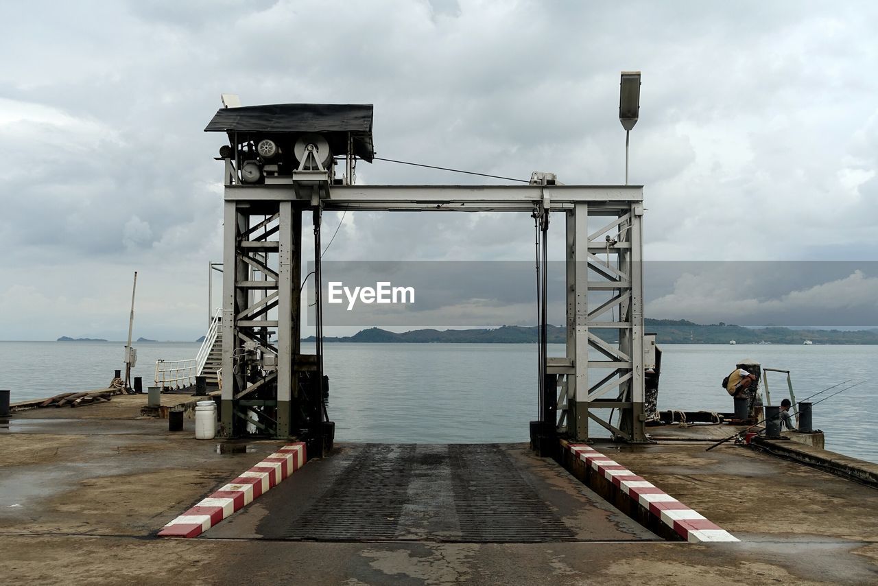 Commercial dock against cloudy sky