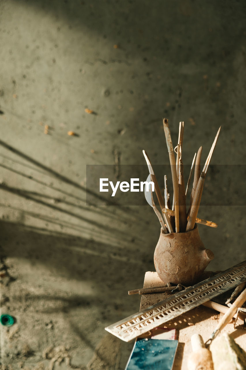 CLOSE-UP OF POTTED PLANT ON TABLE AGAINST WALL