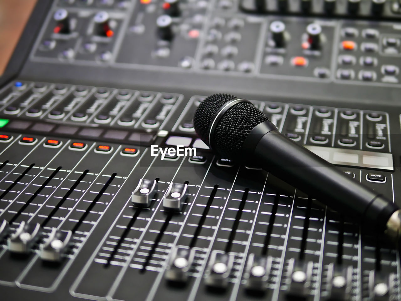 Close-up of microphone and sound recording equipment