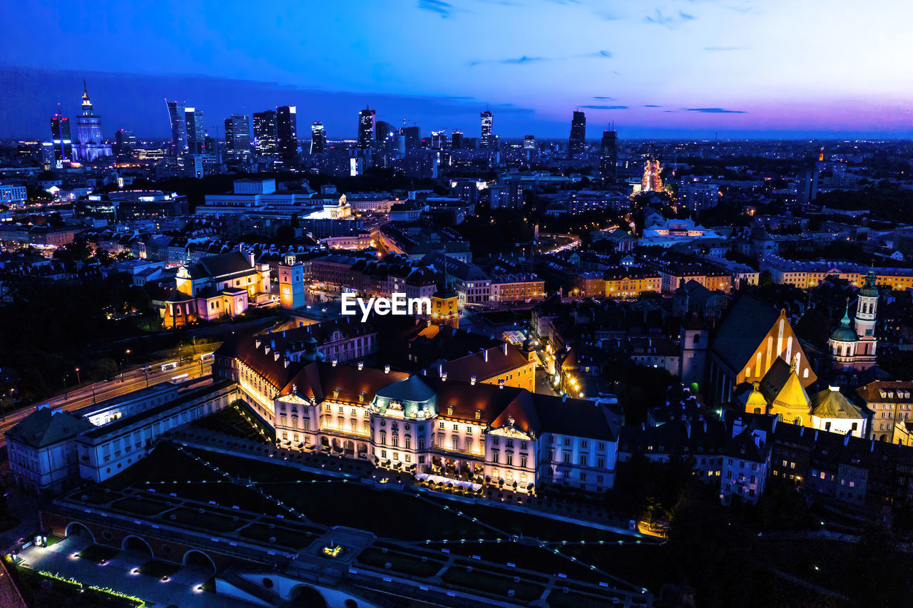 Warsaw, poland cityscape with high angle above aerial view of historic architecture buildings in 