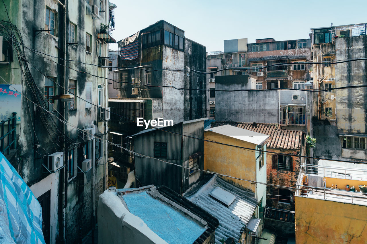 High angle view of buildings in city against sky