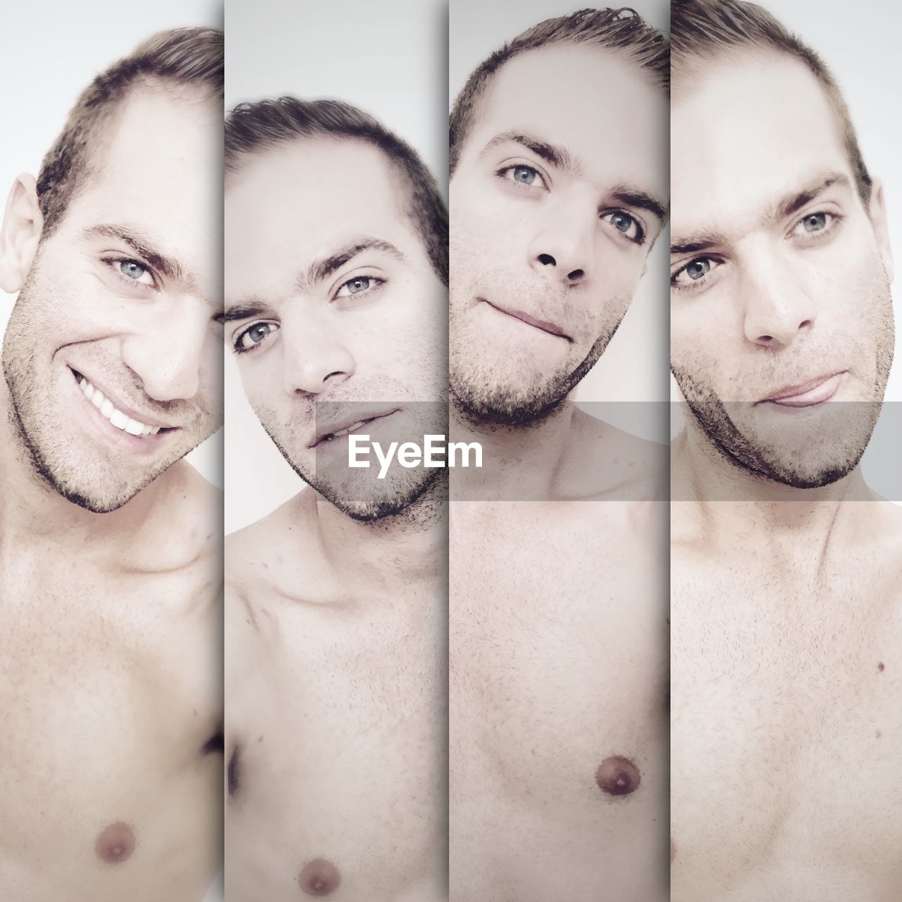 Collage of shirtless young man standing on white background