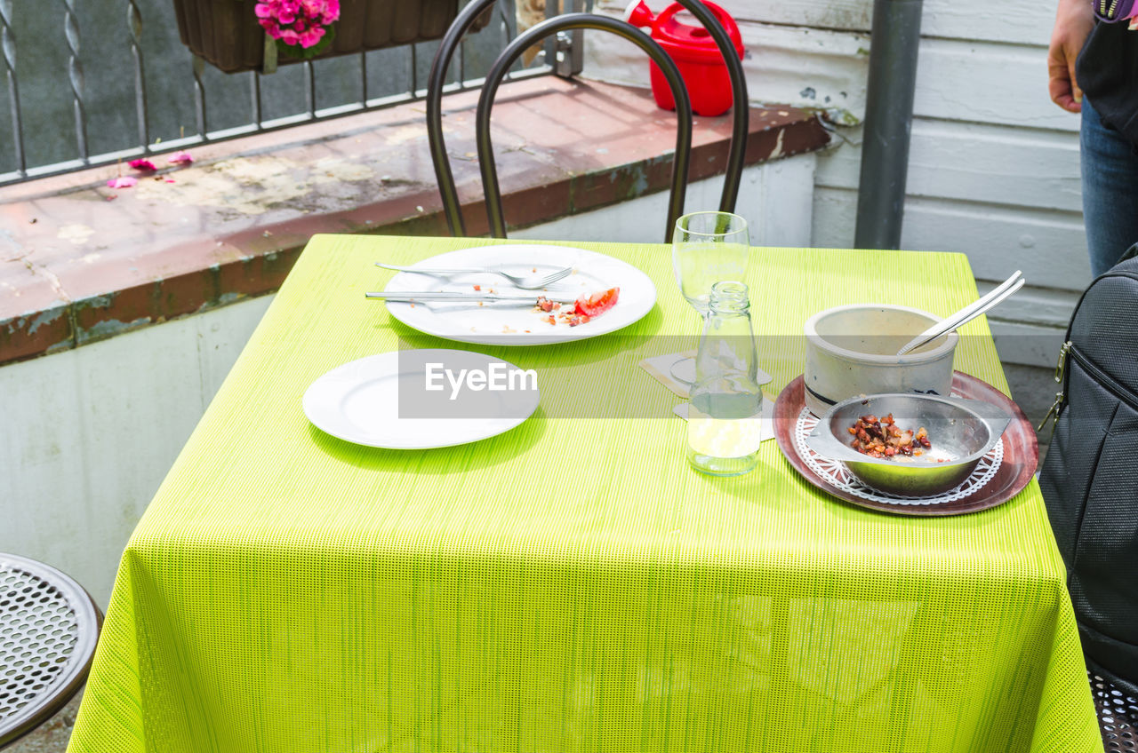 Empty plates of food on table