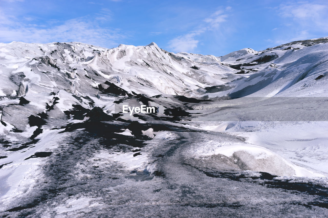 Scenic view of snow covered mountains against sky