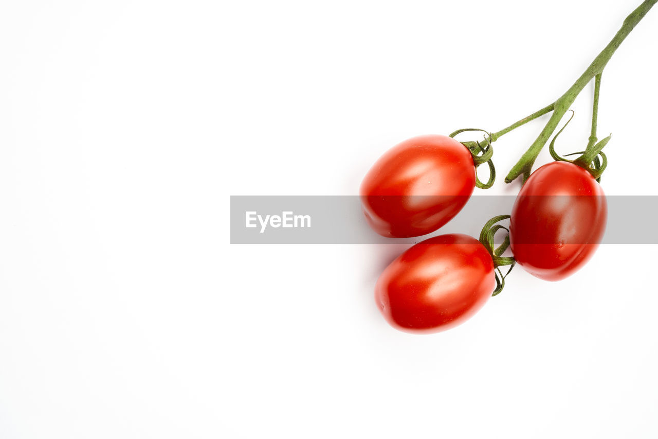 CLOSE-UP OF CHERRY TOMATOES OVER WHITE BACKGROUND