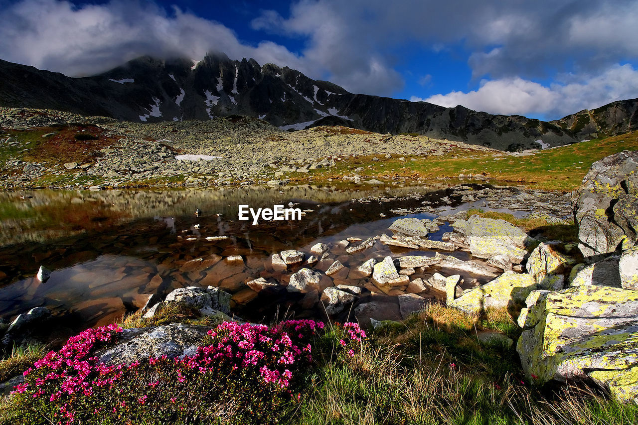 Scenic view of lake against cloudy sky