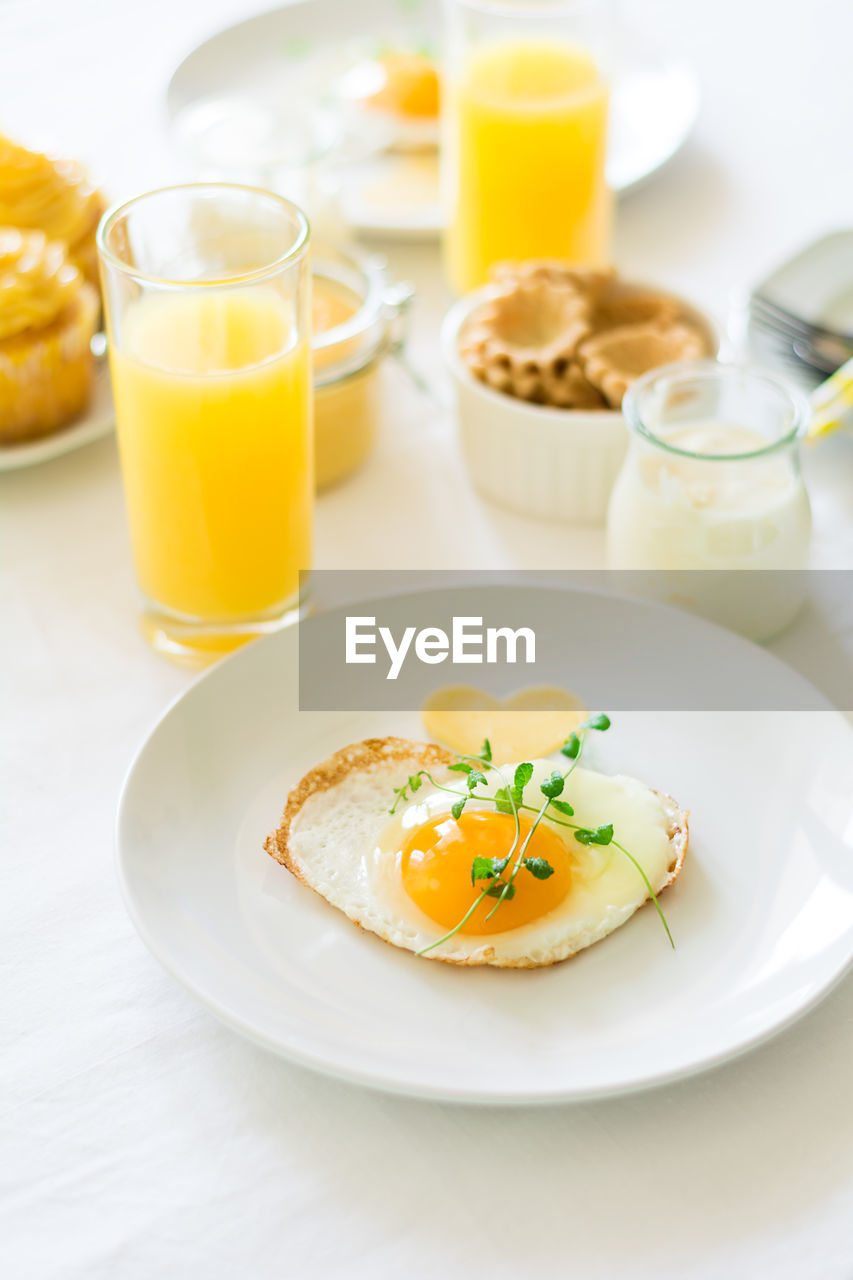 High angle view of breakfast served on table