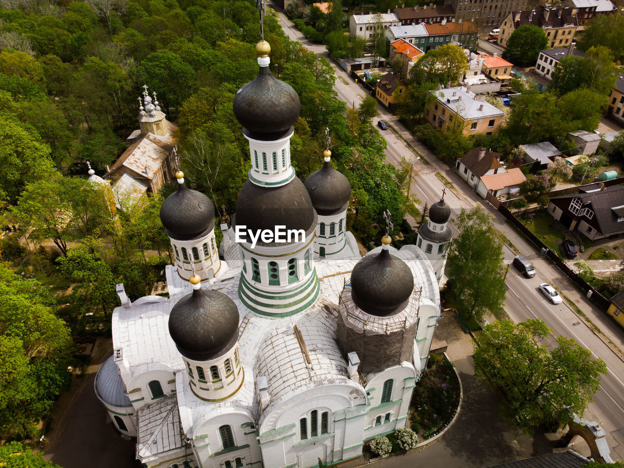 high angle view of buildings in town