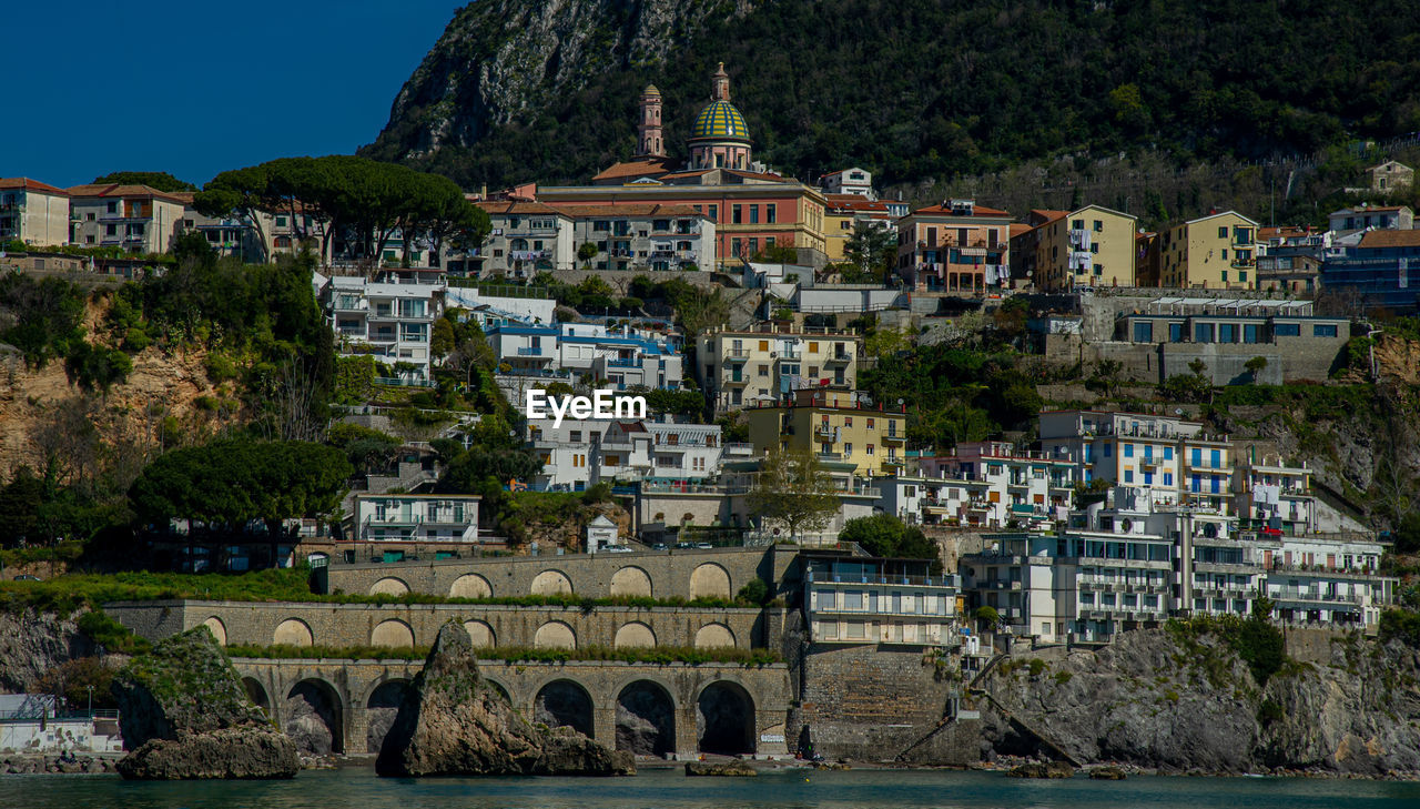 April 15 2022-salerno italy view from the ferry of the city with the sea in the foreground 