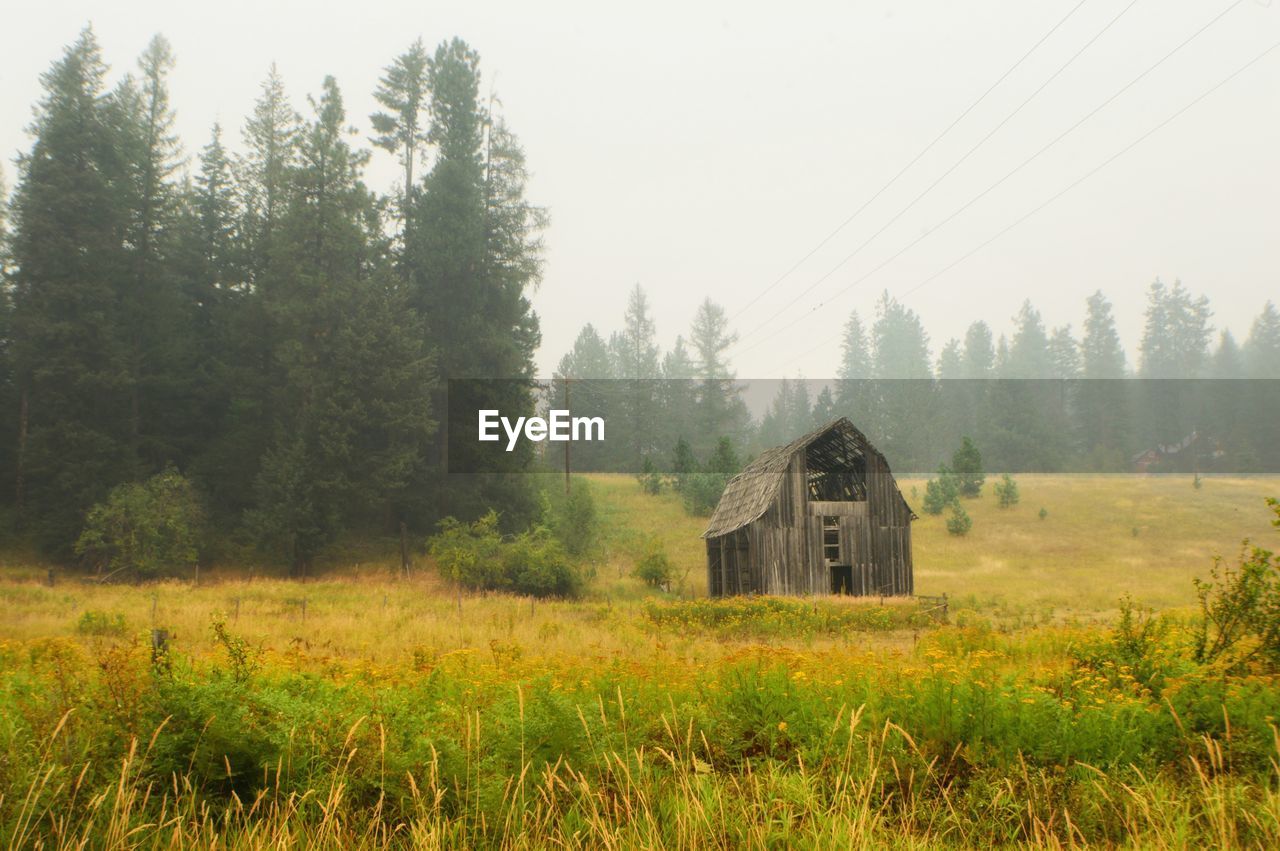 ABANDONED HOUSE ON FIELD AGAINST SKY