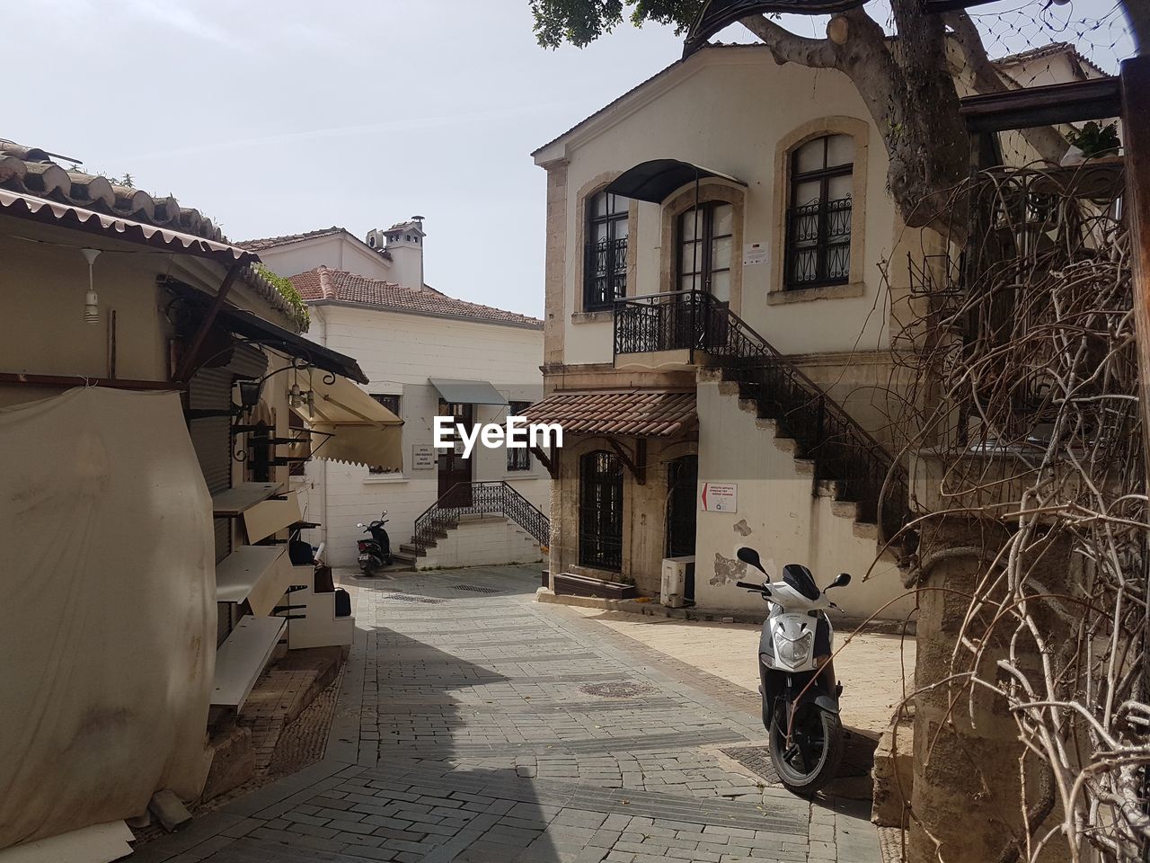 Houses by empty street in city