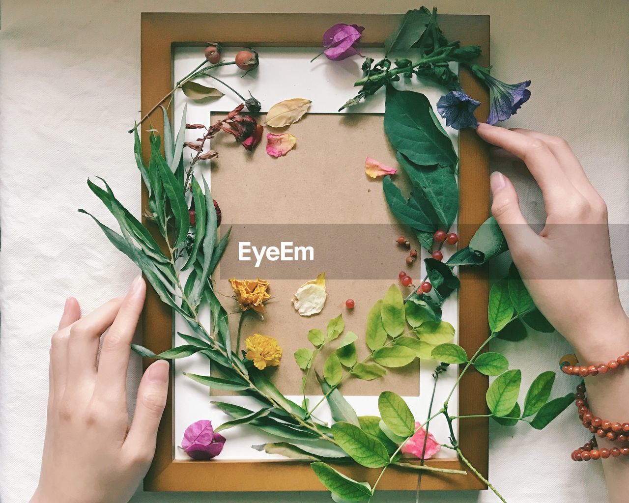 Cropped hand of woman holding picture frame with plants on table