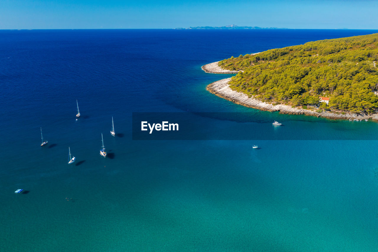 Aerial view of the bay with sailing boats on korcula island, adriatic sea, croatia