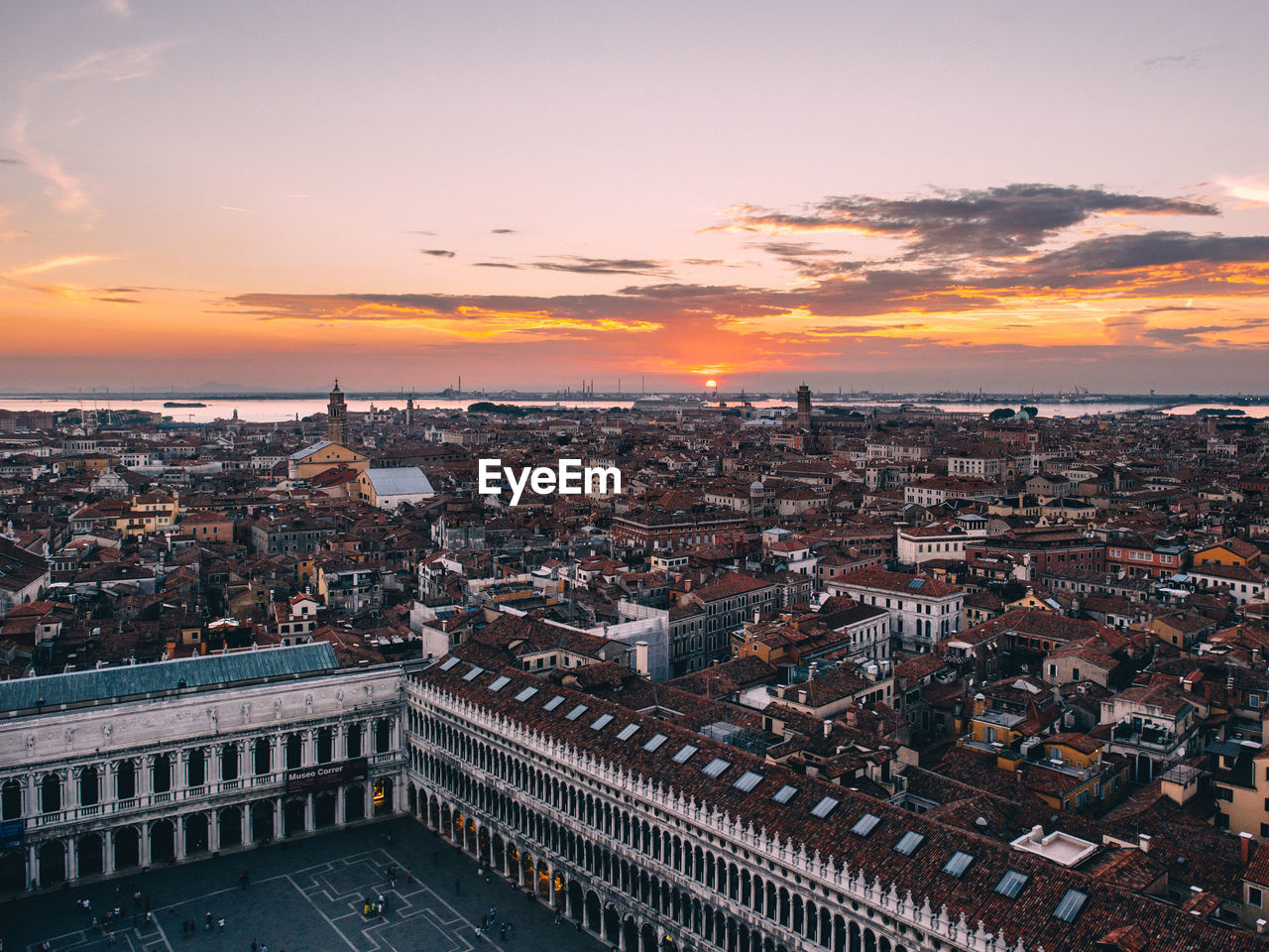 High angle view of cityscape during sunset