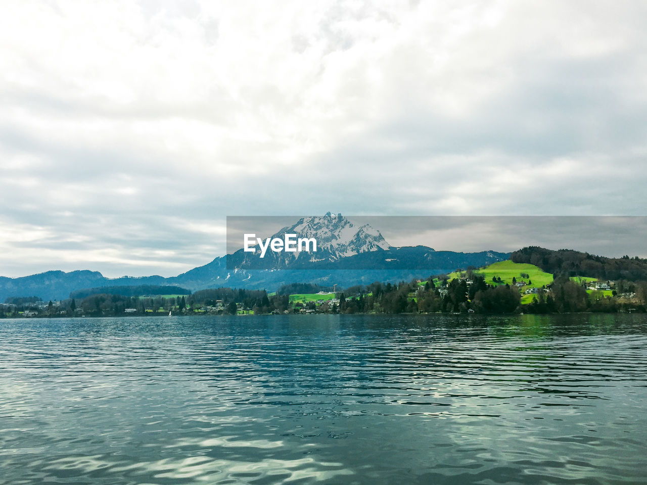 Scenic view of lake against cloudy sky