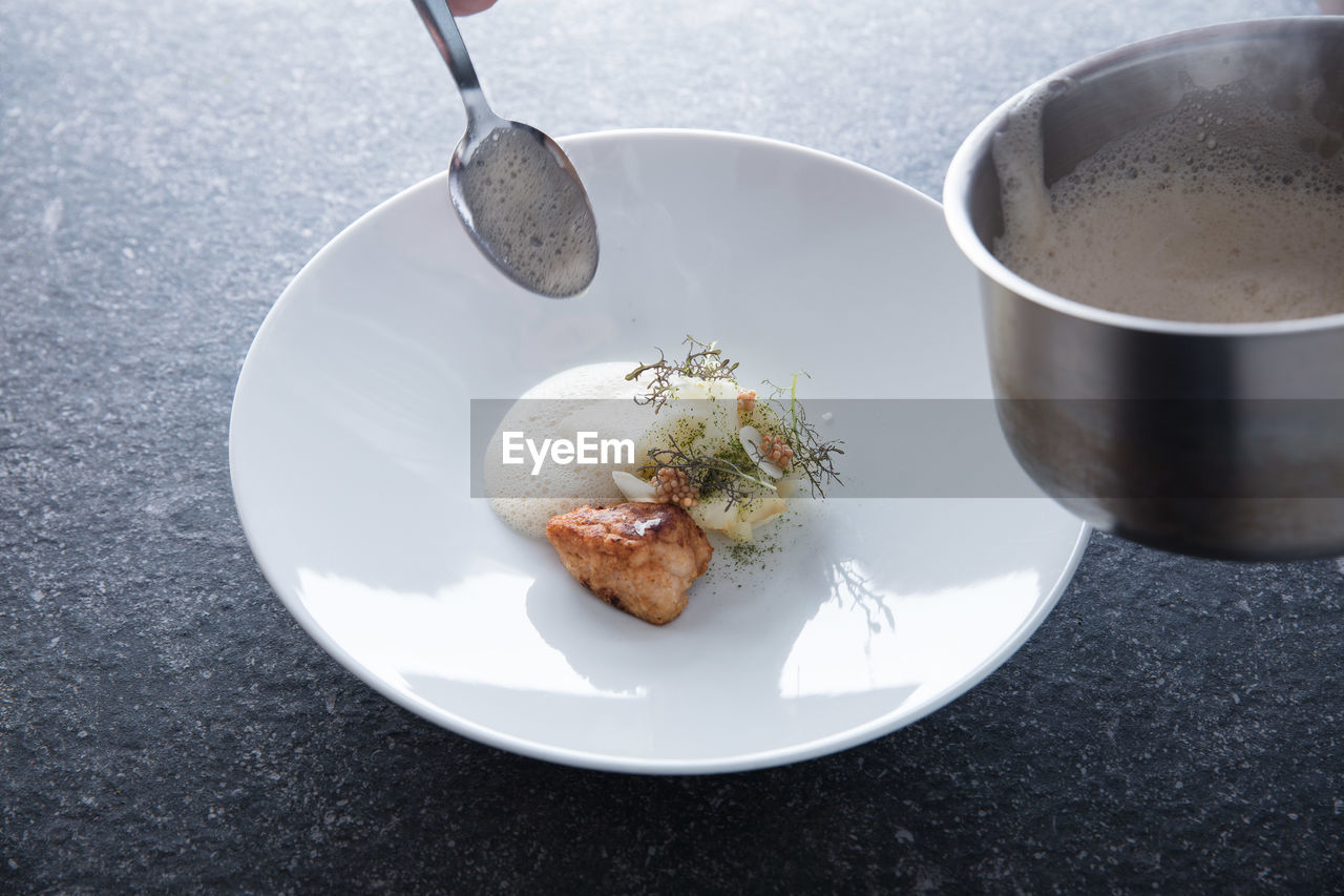 HIGH ANGLE VIEW OF BREAKFAST IN PLATE