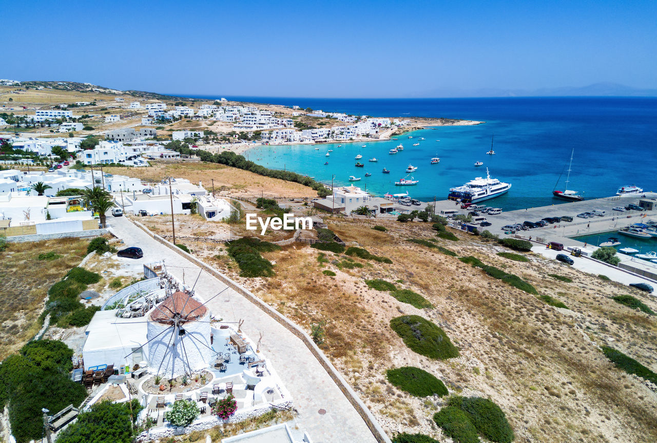 High angle view of koufonisia island against clear blue sky during sunny day