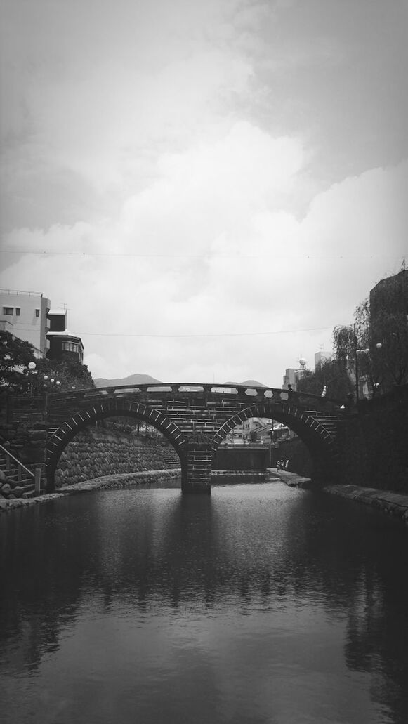 Bridge over calm lake against the sky