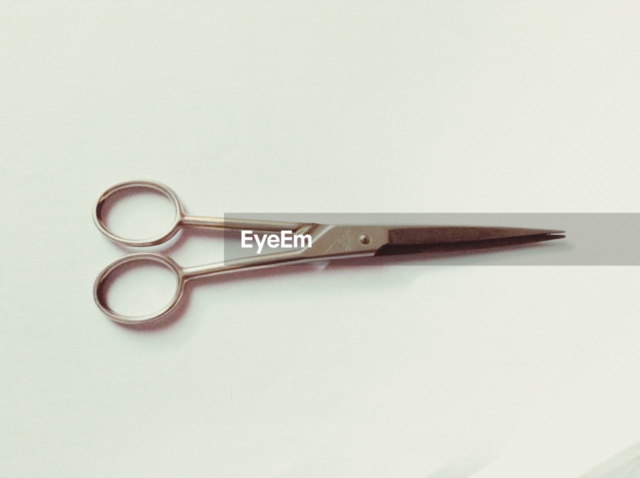 High angle view of scissors on white background