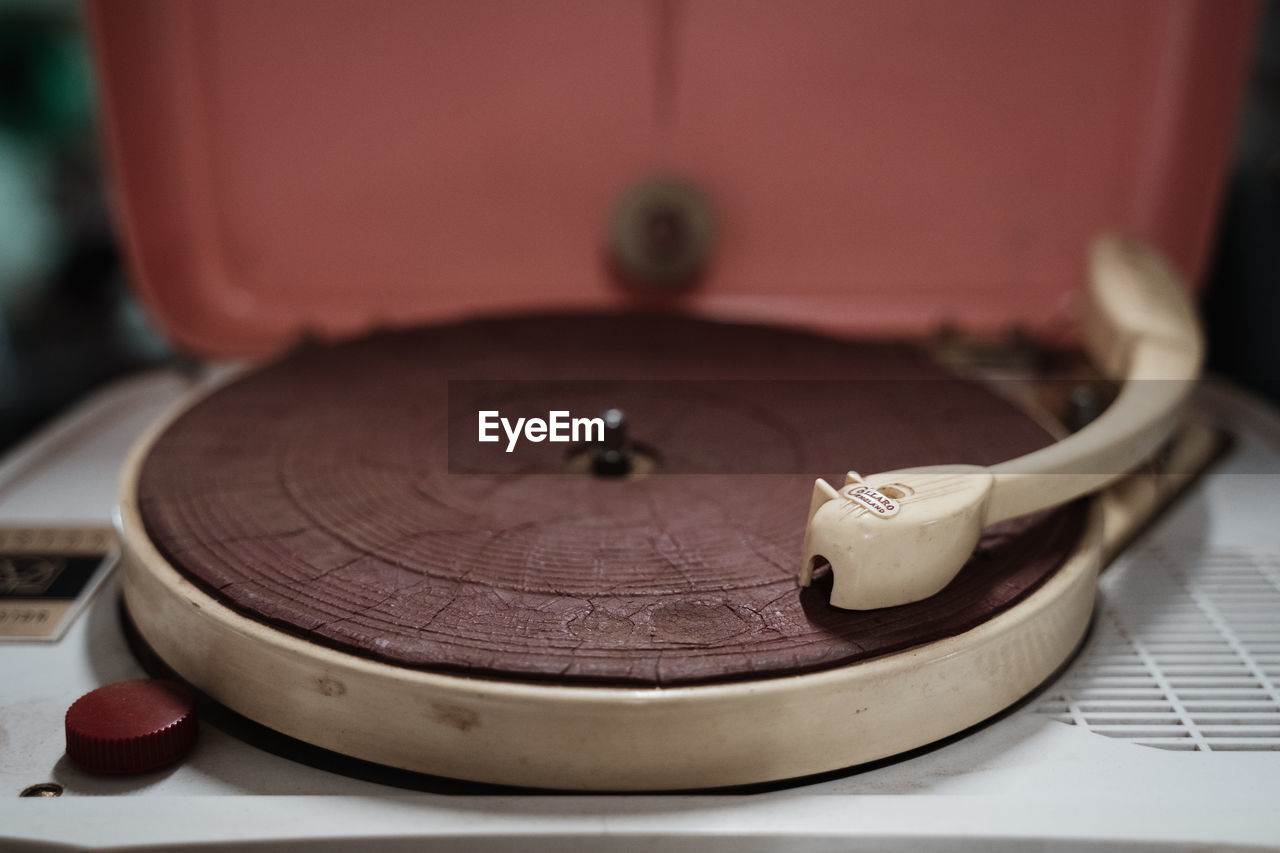 Close-up of turntable on table