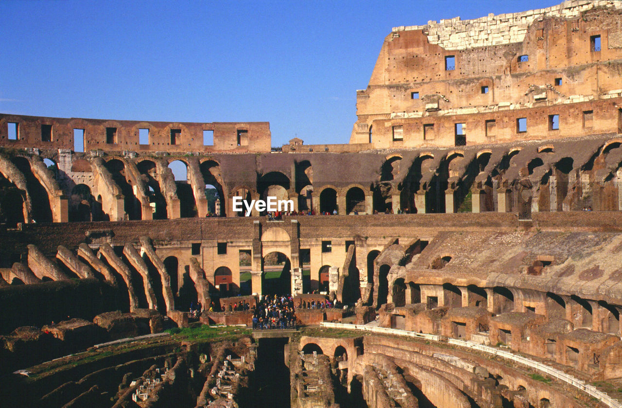 High angle view of old ruins against clear sky