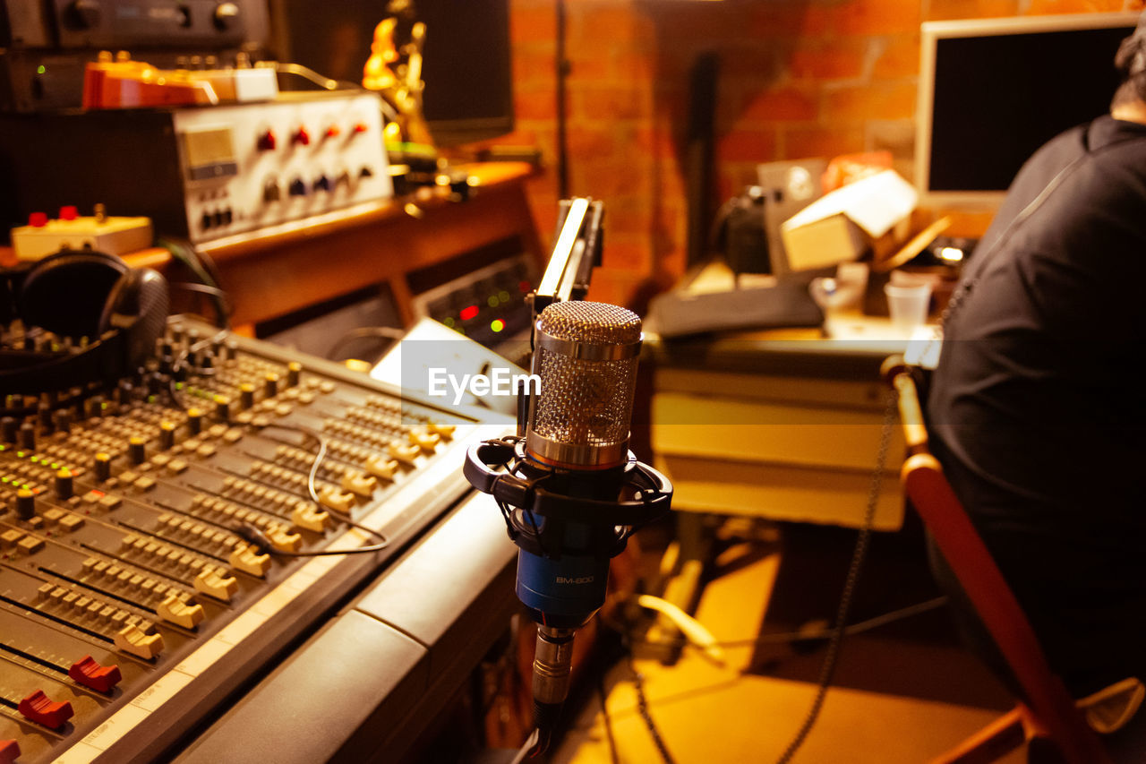 close-up of microphone on table