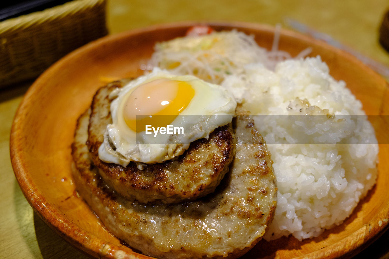 HIGH ANGLE VIEW OF BREAKFAST SERVED ON PLATE