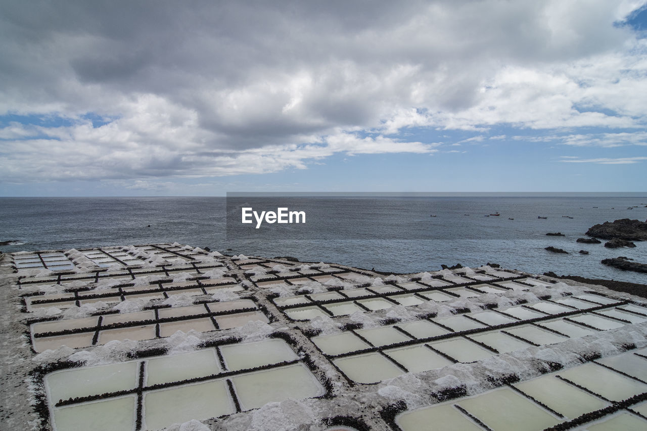 Scenic view of a salt pan against sky