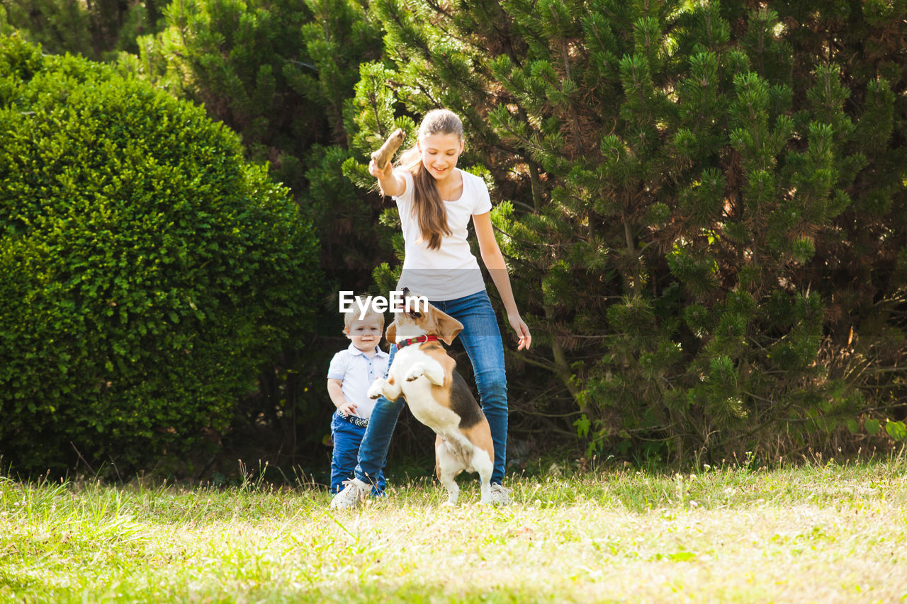 Full length of girl with kid playing with dog