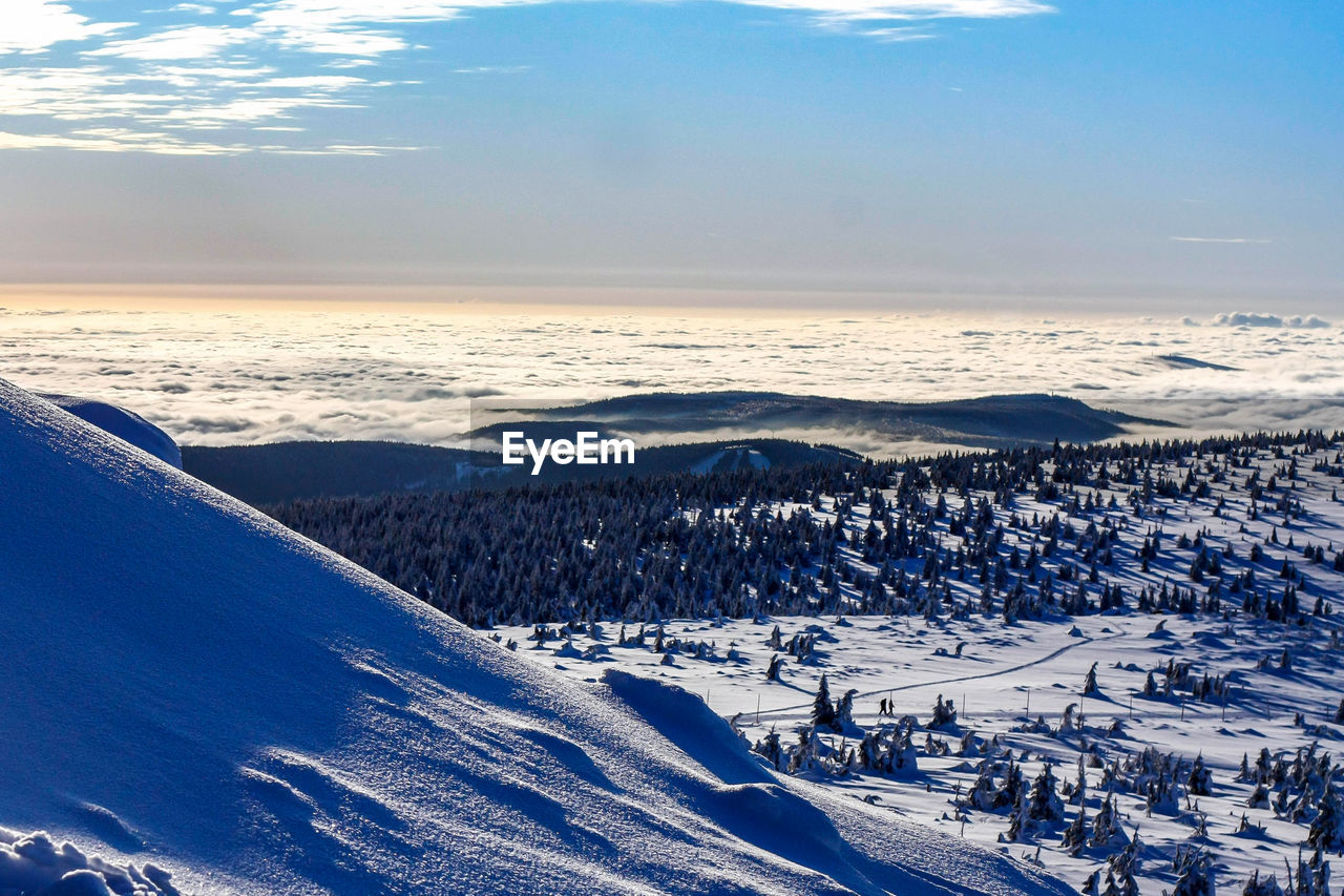 High angle view of snow covered landscape against sky