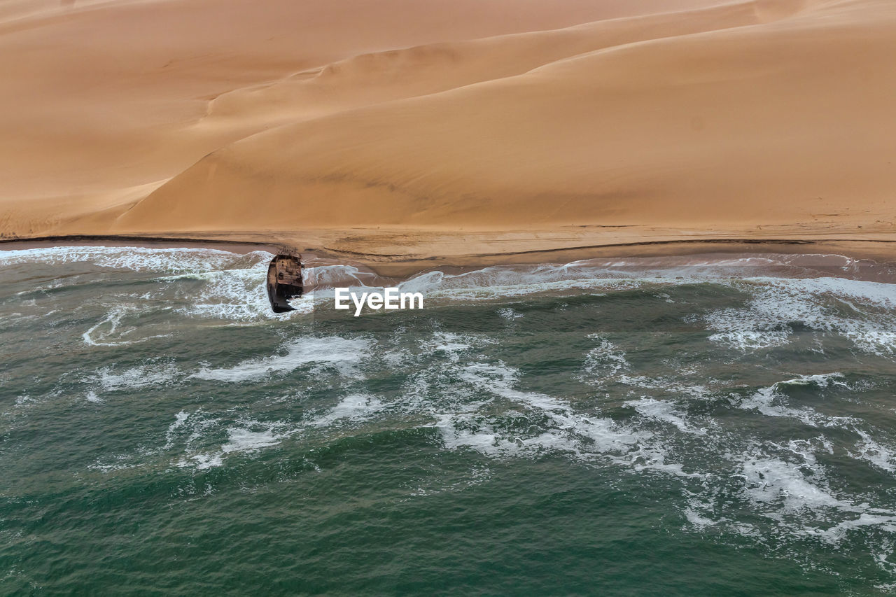 Aerial view of shipwreck in skeleton coast